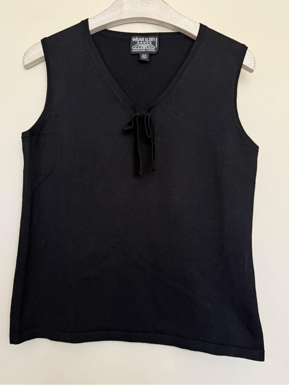 “Wear Else?” Black Silk Knit V-Neck Bow Sleeveless Top S Y2K Whimsigoth Suiting